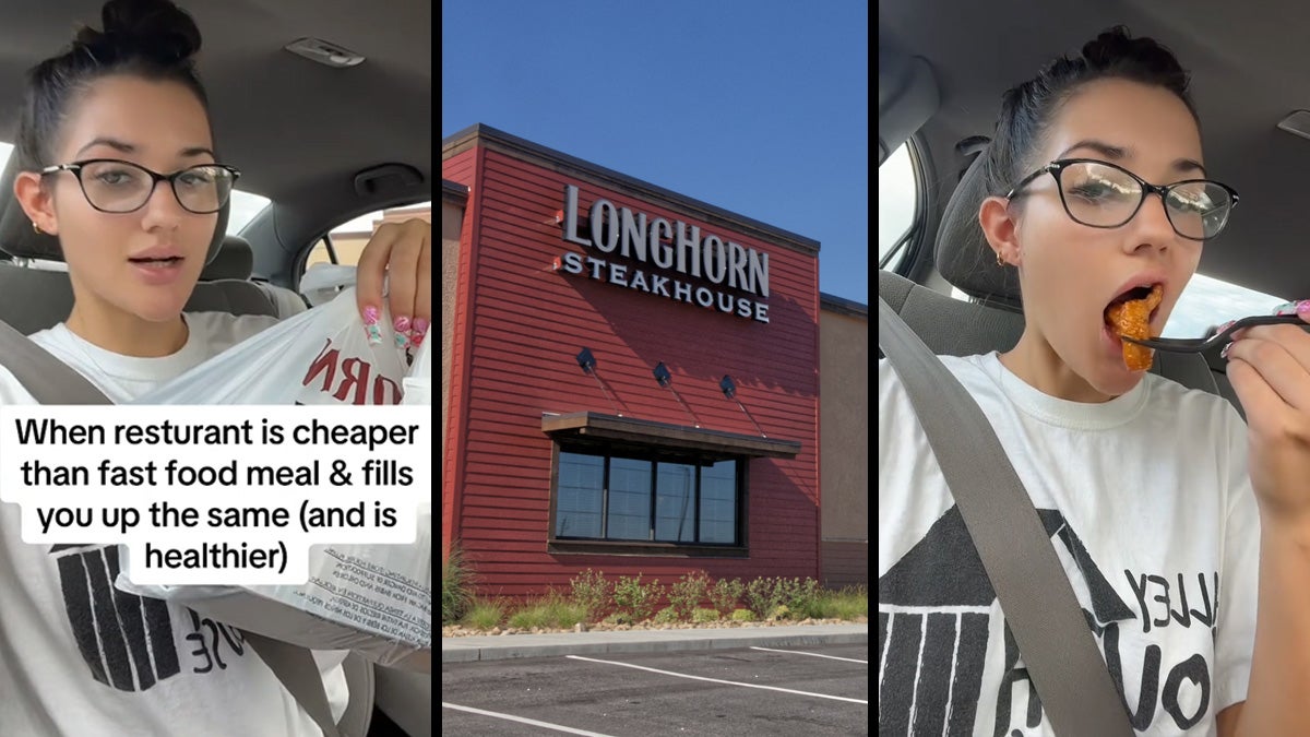 woman holding food in bag with caption 'When restaurant is cheaper than fast food meal & fills you up the same (and is healthier) (l) Longhorn Steakhouse (c) woman eating