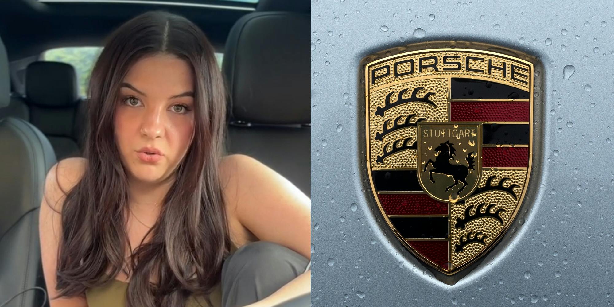 A woman looking at the camera next to a Porsche logo.