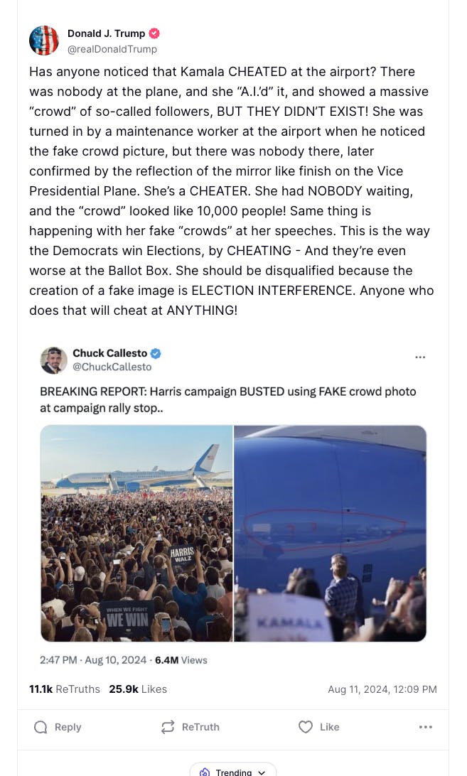 donald trump truth social kamala harris airplane reflection