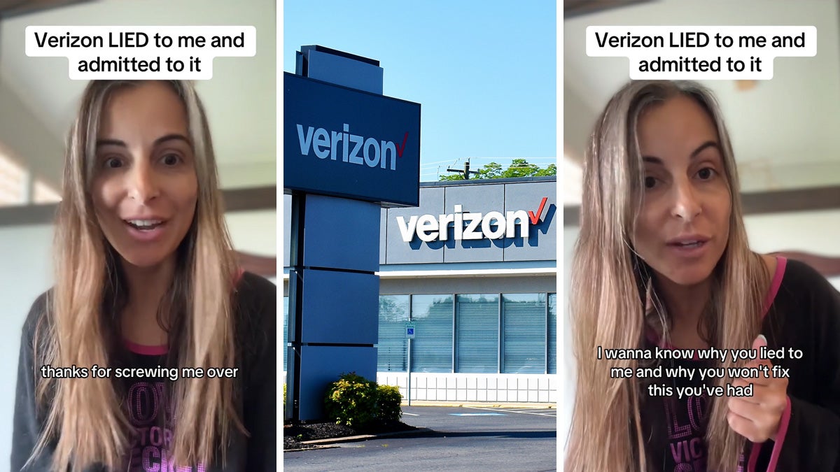 woman speaking with caption 'Verizon LIED to me and admitted to it thanks for screwing me over' (l) Verizon (c) woman speaking with caption 'Verizon LIED to me and admitted to it I wanna know why you lied to me and why you won't fix this you've had' (r)
