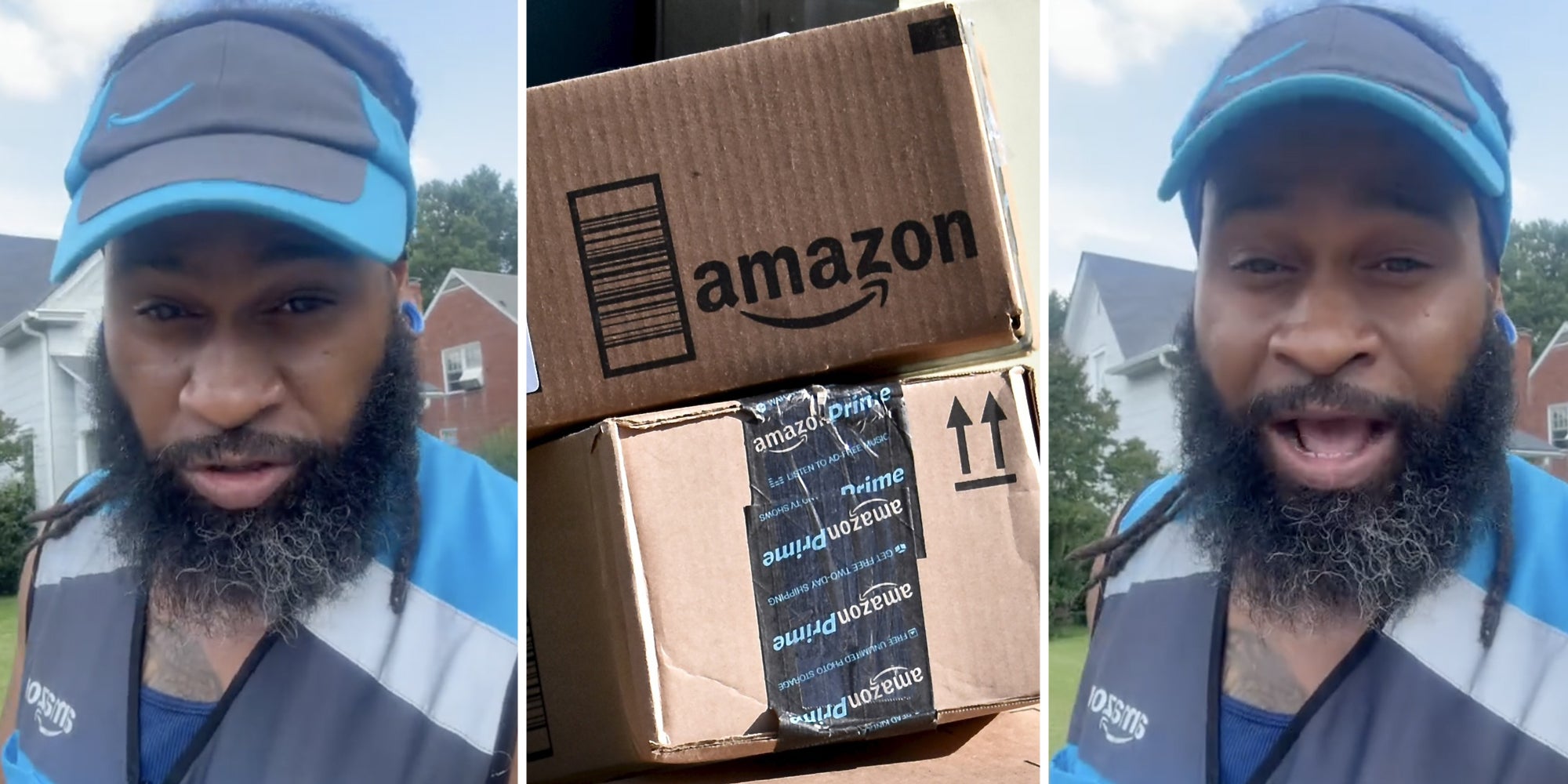 Amazon delivery driver(l+r), Amazon boxes(c)