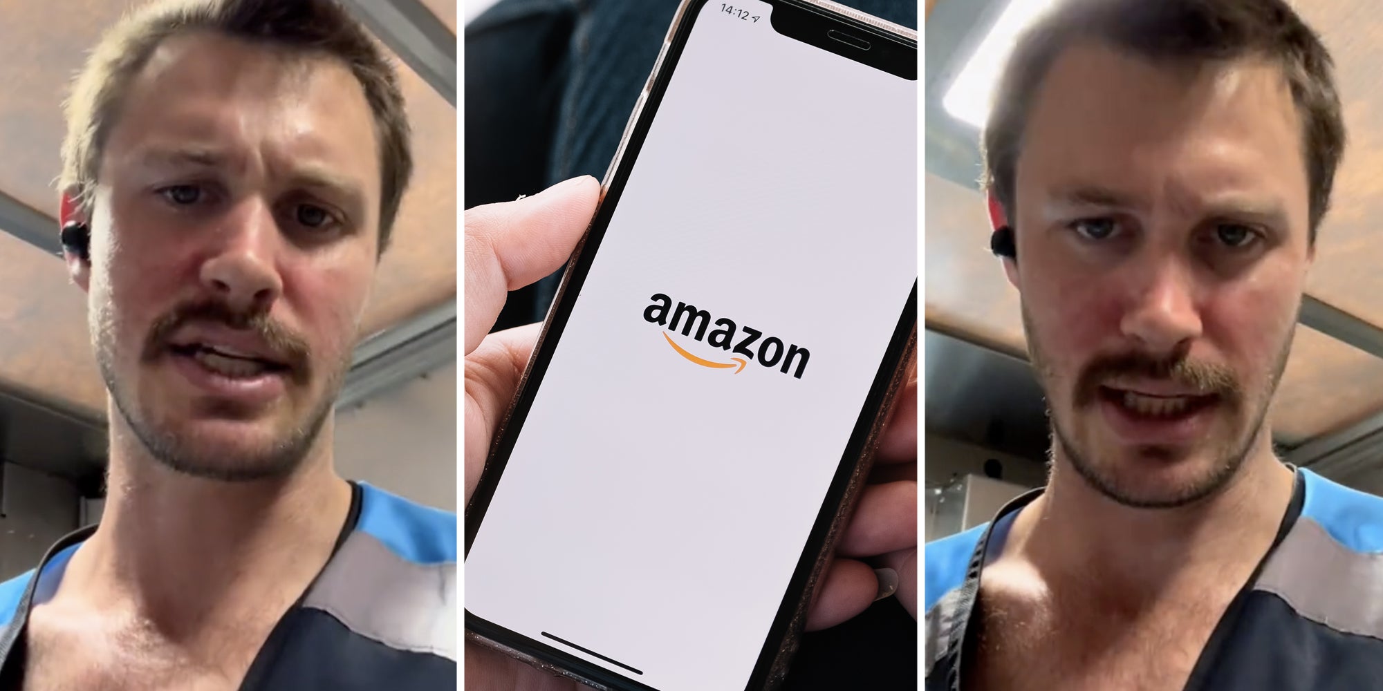 Man talking(l+r), Amazon app on phone(c)