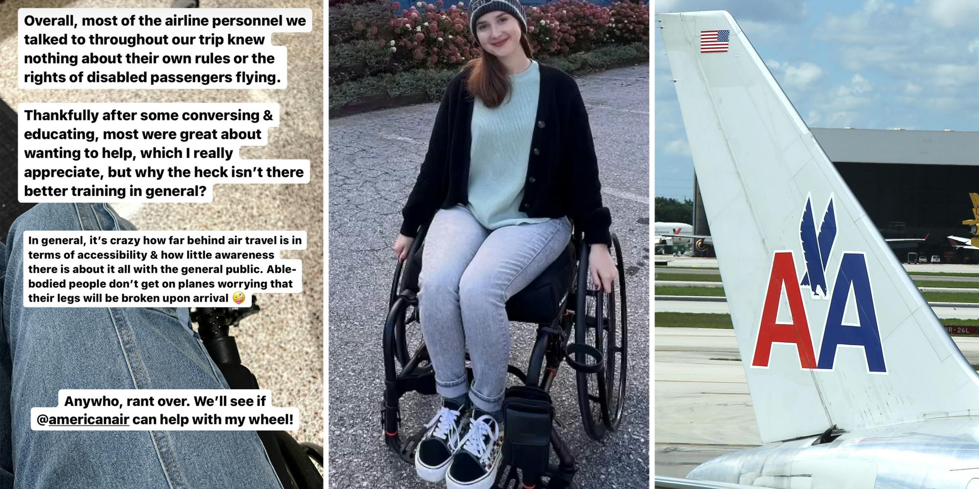 Instagram story(l), Woman in wheelchair(c), American Airline plane(r)