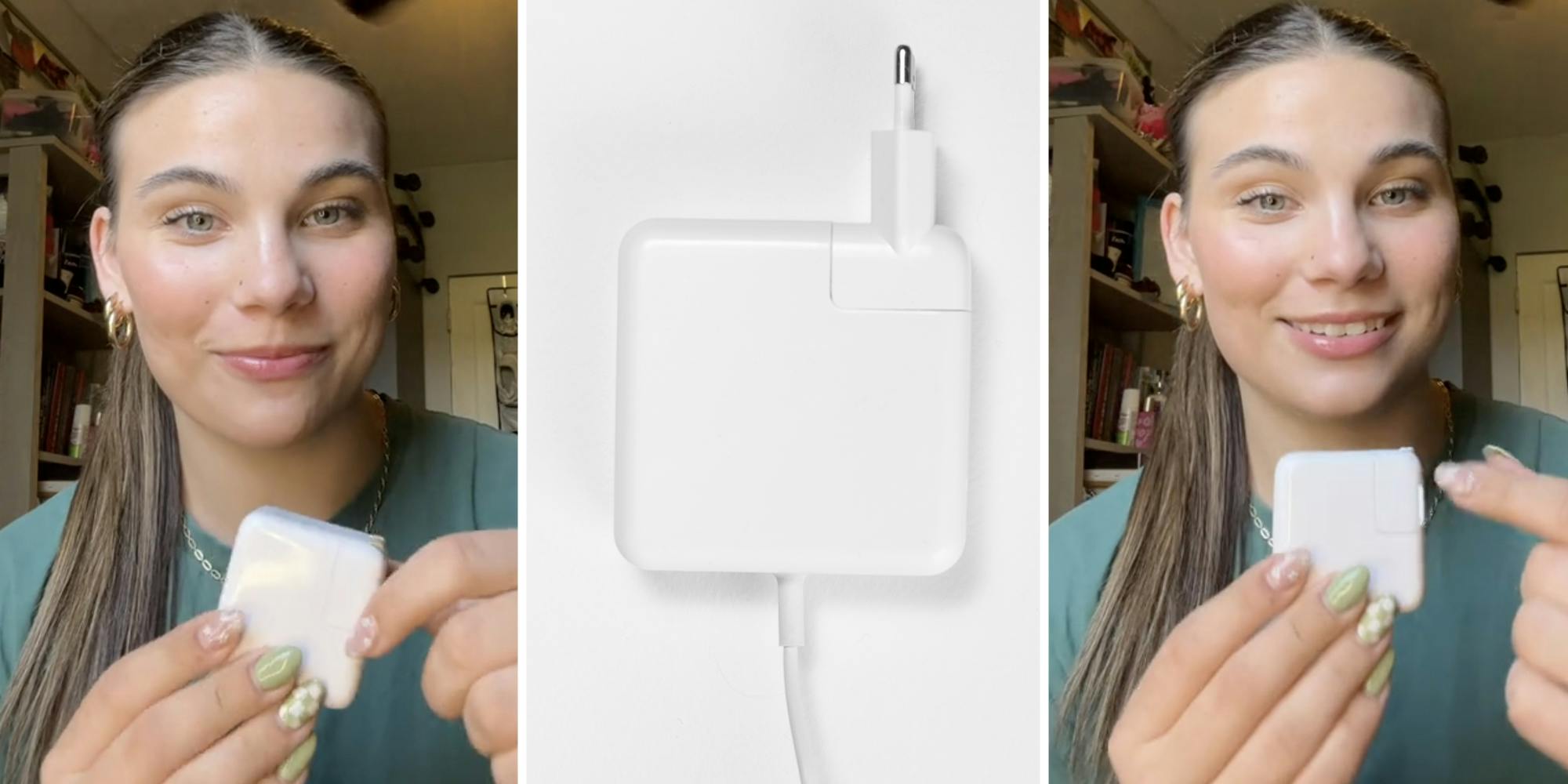 Woman showing off apple square charger(l+r), Apple charger(c)