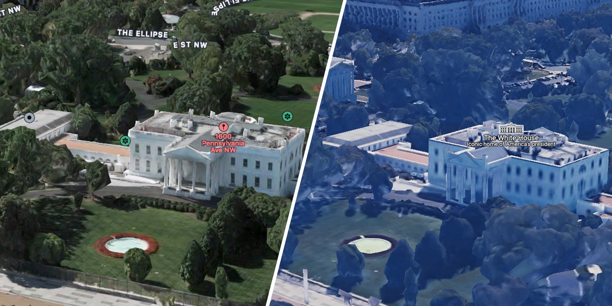 View of white house from apple maps(l), vs google maps(r)