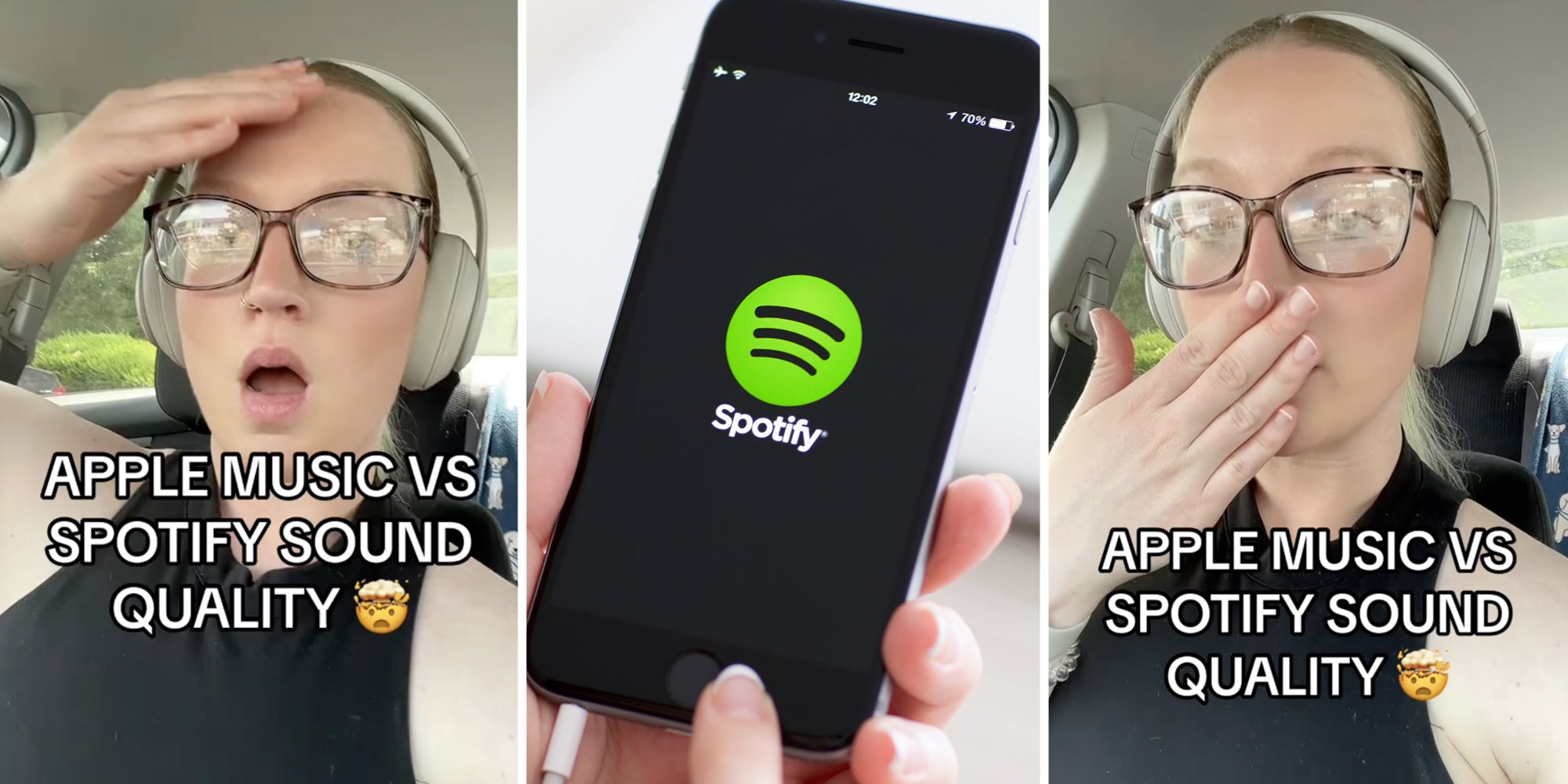 Woman talking(l+r), Hand holding phone with spotify app(c)