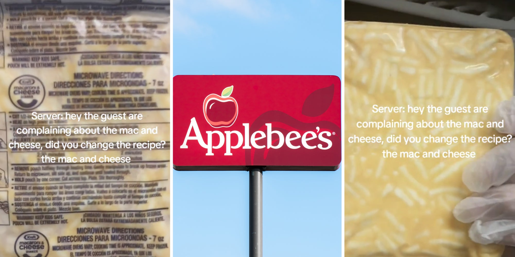 Mac and cheese packet(l+r), Applebee's sign(c)