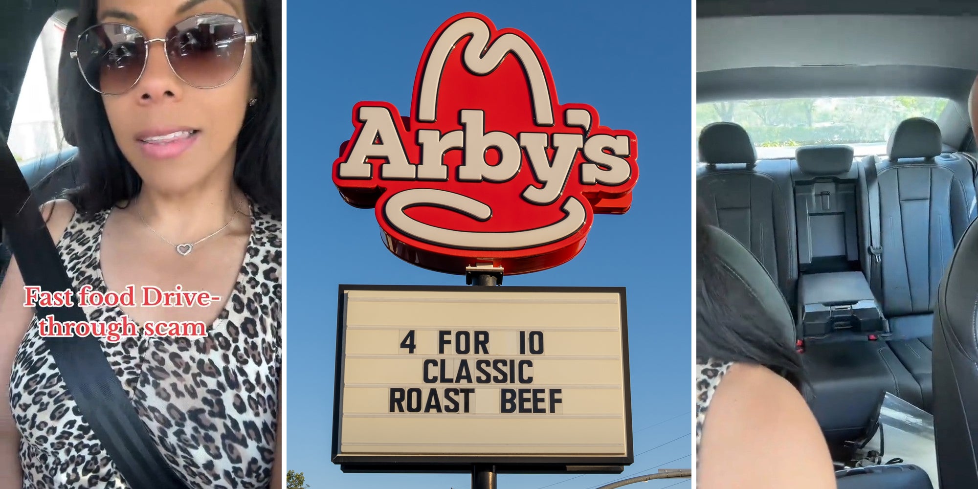 woman in car with caption 'Fast food Drive-through scam' (l) Arby's sign (c) back of car with empty drive thru (r)