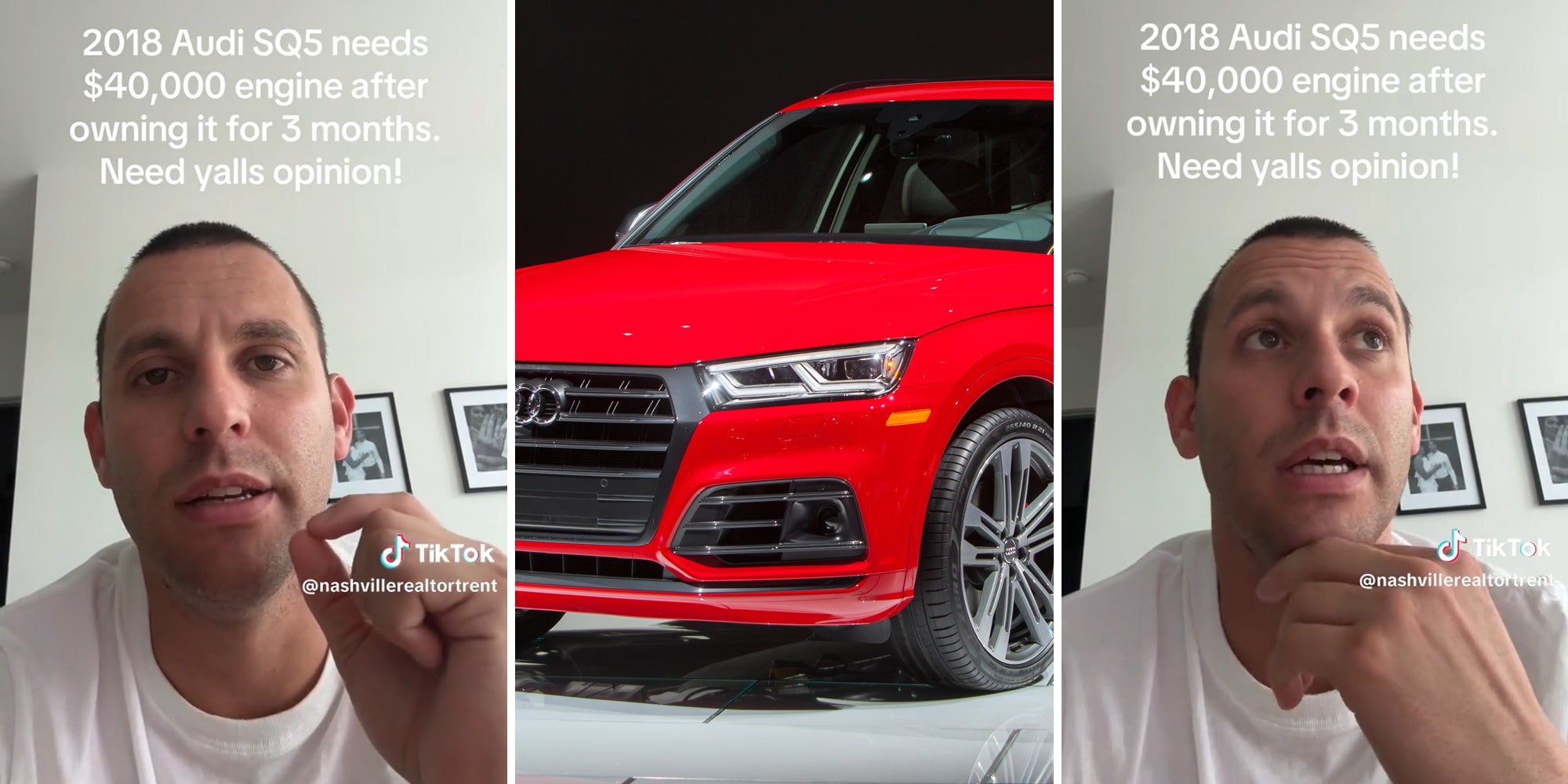 man with caption '2018 Audi SQ5 needs $40,000 engine after owning it for 3 months. Need yalls opinion!' (l&r) red Audi SQ5 (c)
