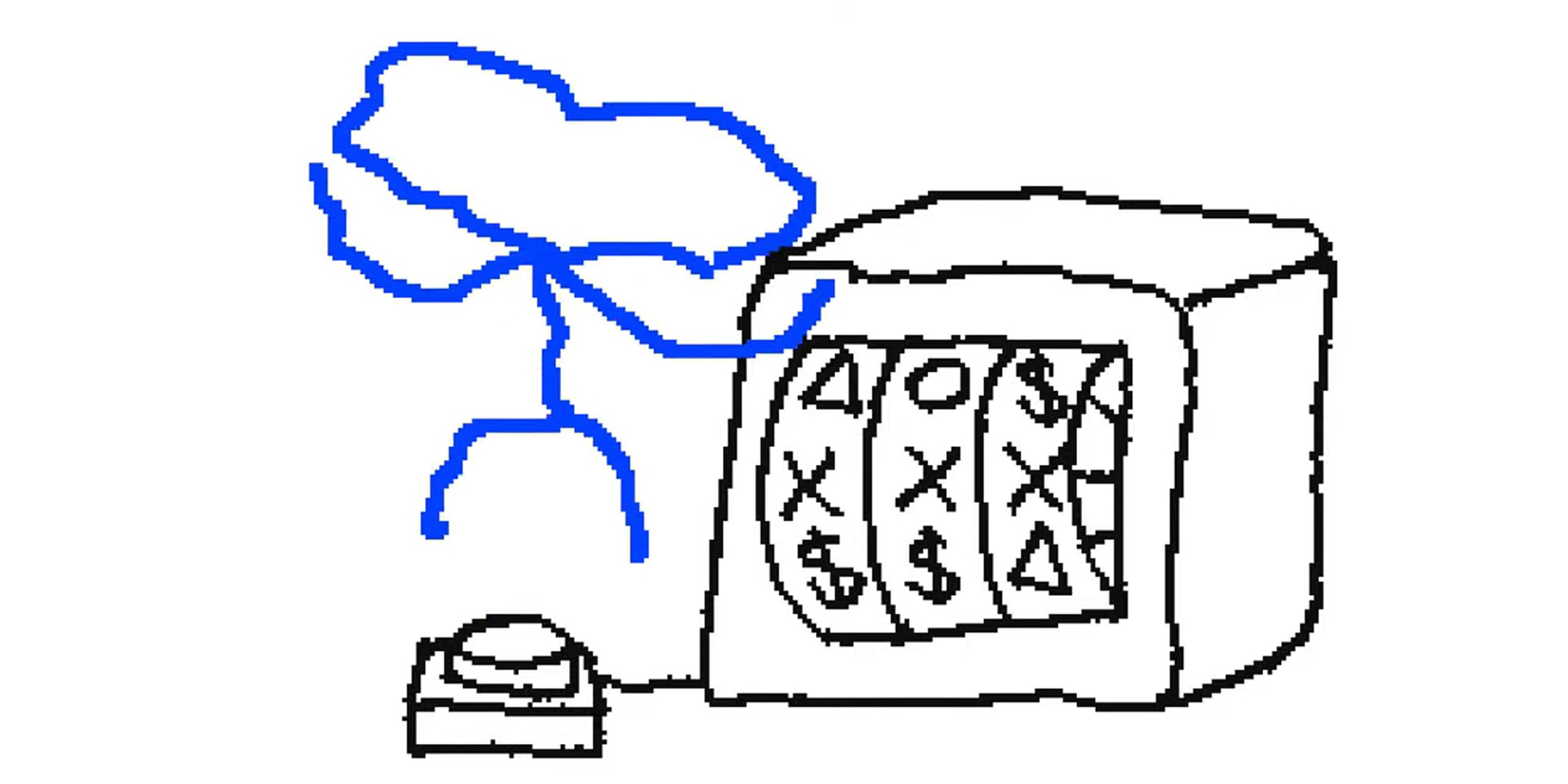 line drawing of a blue person jumping near a slot machine