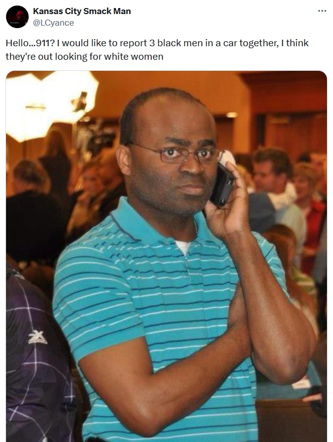 Black guy on phone meme mocking racial profiling.