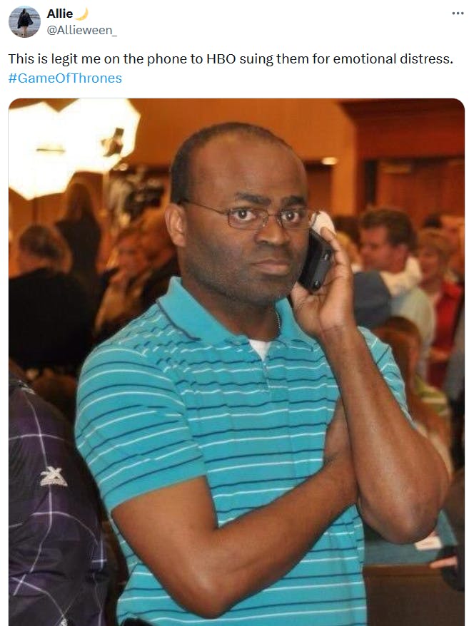 Black guy on phone meme about Game of Thrones.