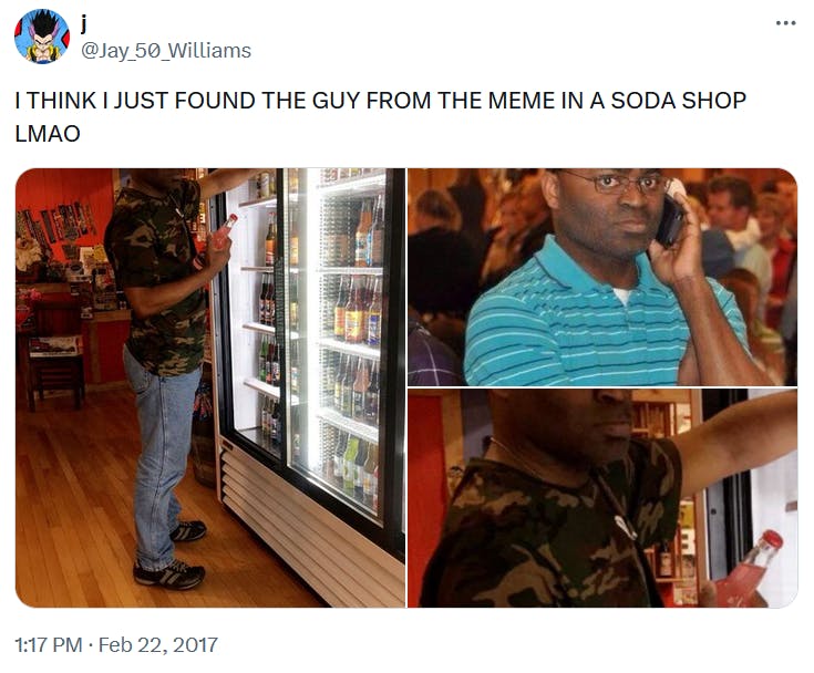 Black guy on phone meme with new photos of Martin Baker at a soda shop.