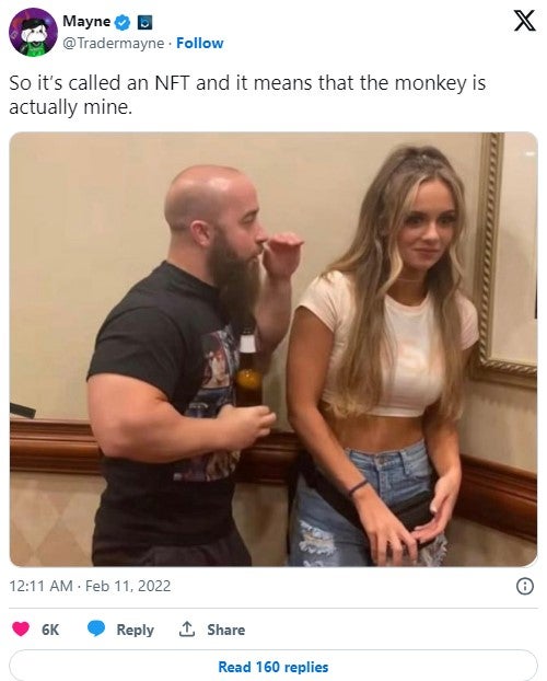 john silver anna jay meme that reads 'So it’s called an NFT and it means that the monkey is actually mine'