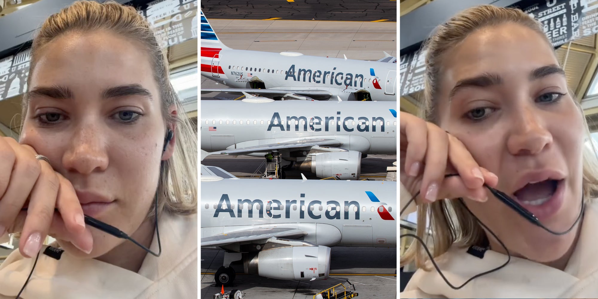 Woman talking(l+r), American Airlines(c)