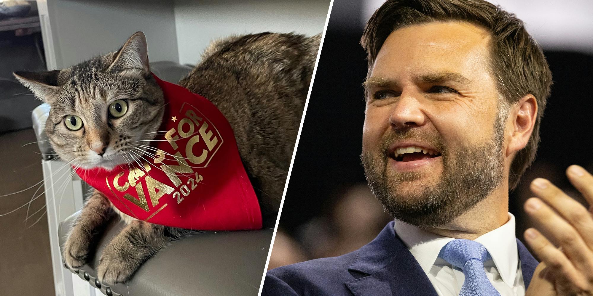 JD Vance pokes fun over his childless cat lady dig with 'Cats for Vance' bandana