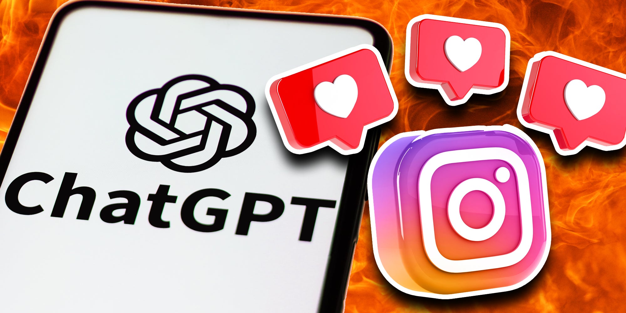 Phone with Chatgpt and instagram logo with likes over fire