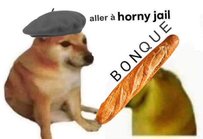 Cheems bonk meme with a French theme.