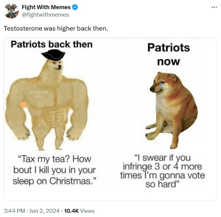 Cheems vs. Swole Doge meme comparing patriots between eras.