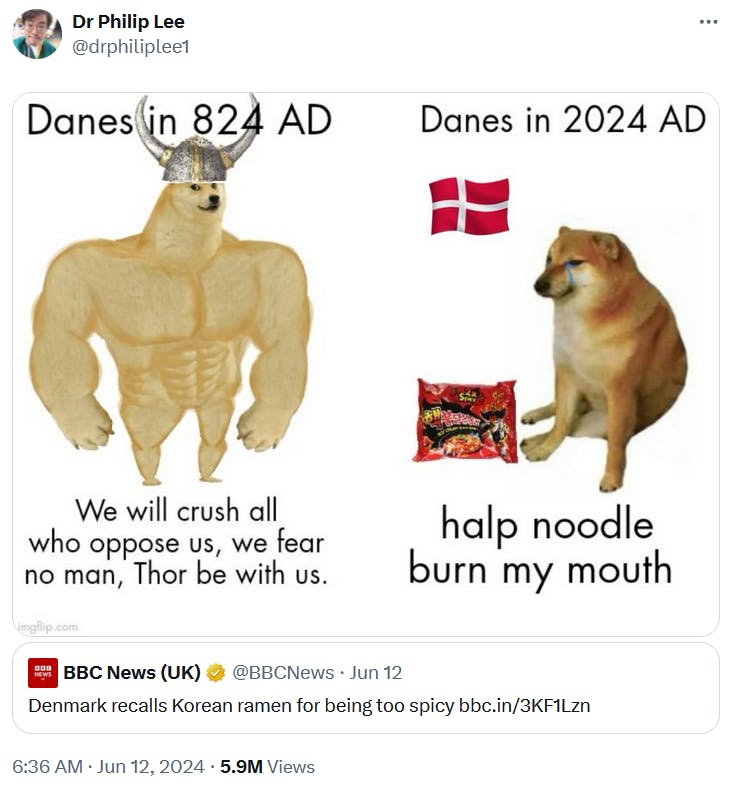 Cheems vs. Swole Doge meme about Denmark recalling Korean ramen.