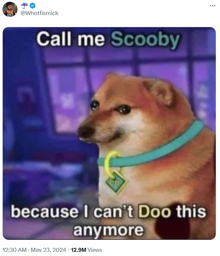 Cheems meme with the dog dressed as Scooby Doo.