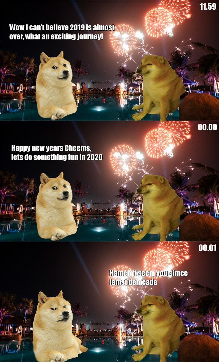 Cheems meme with Kabosu about New Year's.