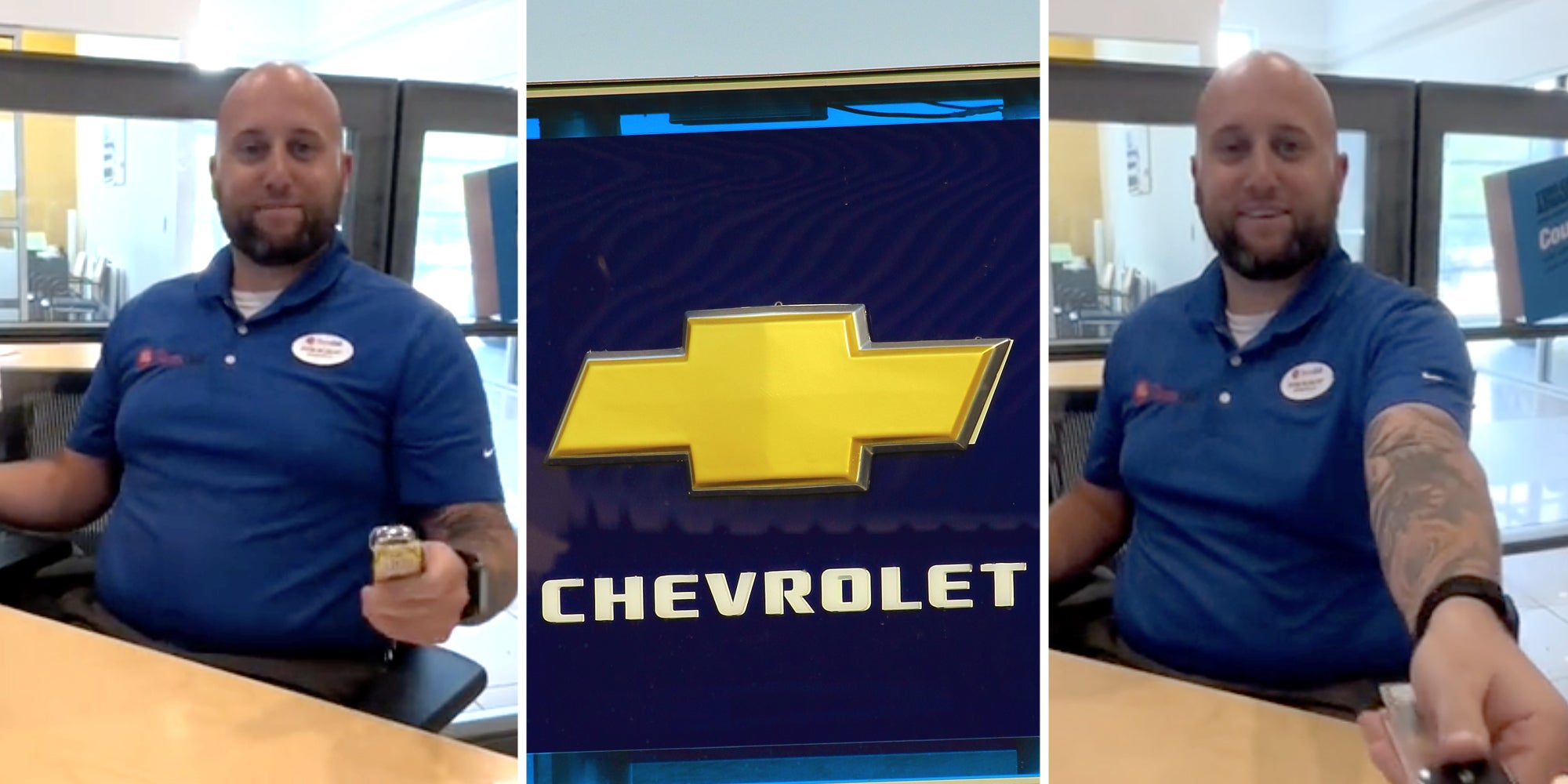 Car Salesman(l), Chevrolet sign(c), Car salesman handing keys(r)