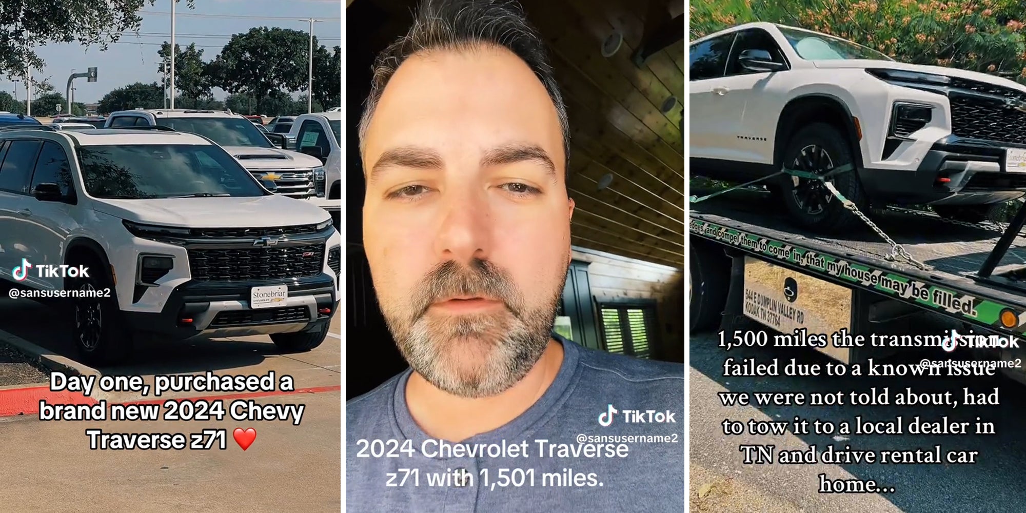 car dealership lot with caption 'Day one, purchased a brand new 2024 Chevy Traverse z71' (l) man in house with caption '2024 Chevrolet Traverse z71 with 1,501 miles.' (c) vehicle on flatbed with caption '1,500 miles the transmission failed due to a known issue we were not told about, had to tow it to a local dealer in TN and drive rental car home...' (r)