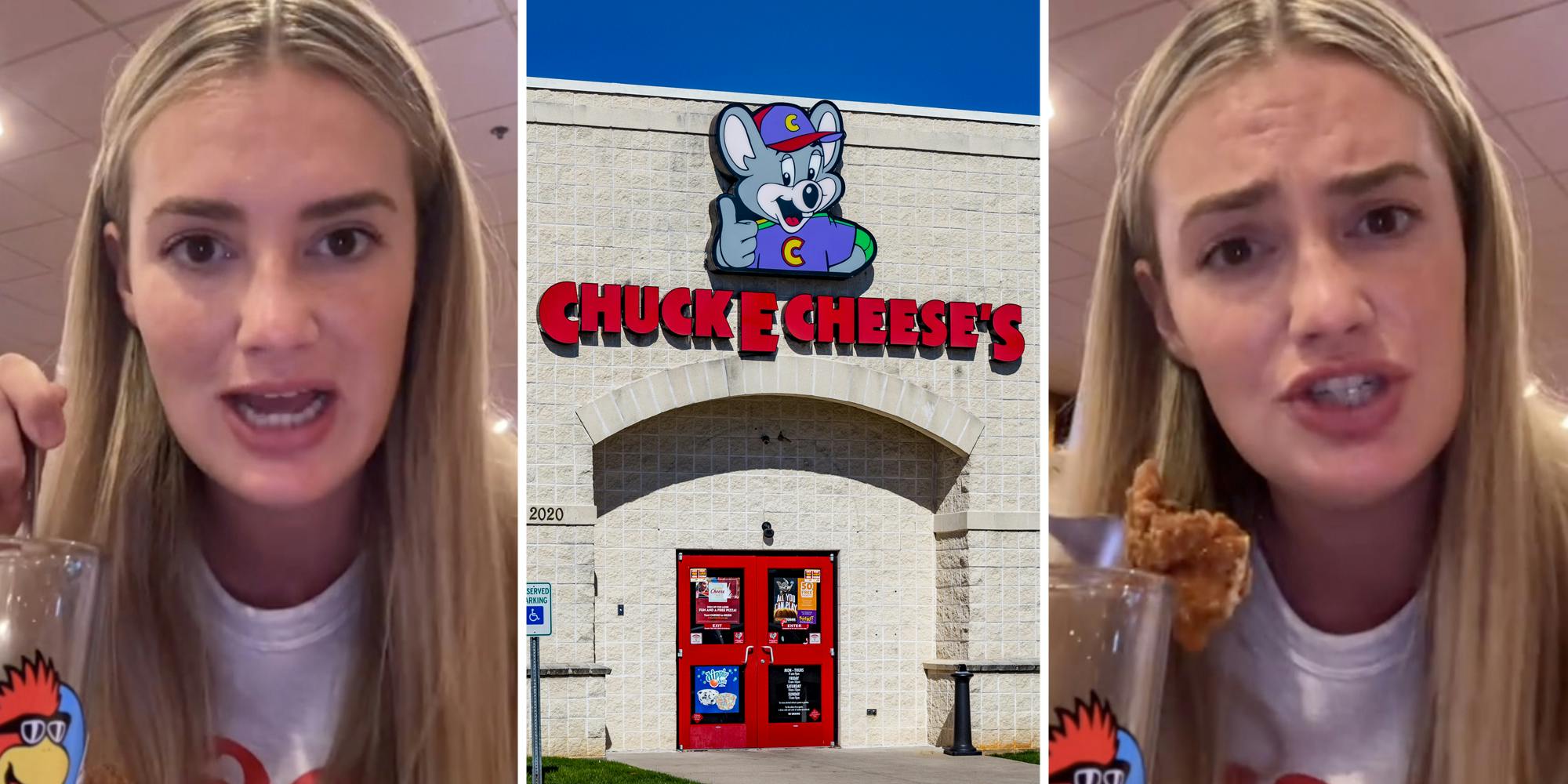 Woman talking(l+r), Chuck E Cheese's(c)