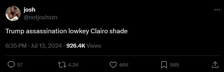 'Trump assassination lowkey Clairo shade' tweet