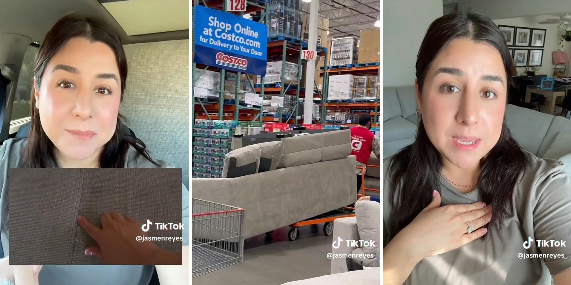 woman in car with couch (inset: finger showing rips) (l) couch being hauled on cart at Costco (c) woman with new couch (r)