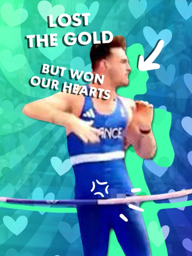 man pole vaulting at Olympics over blue and green