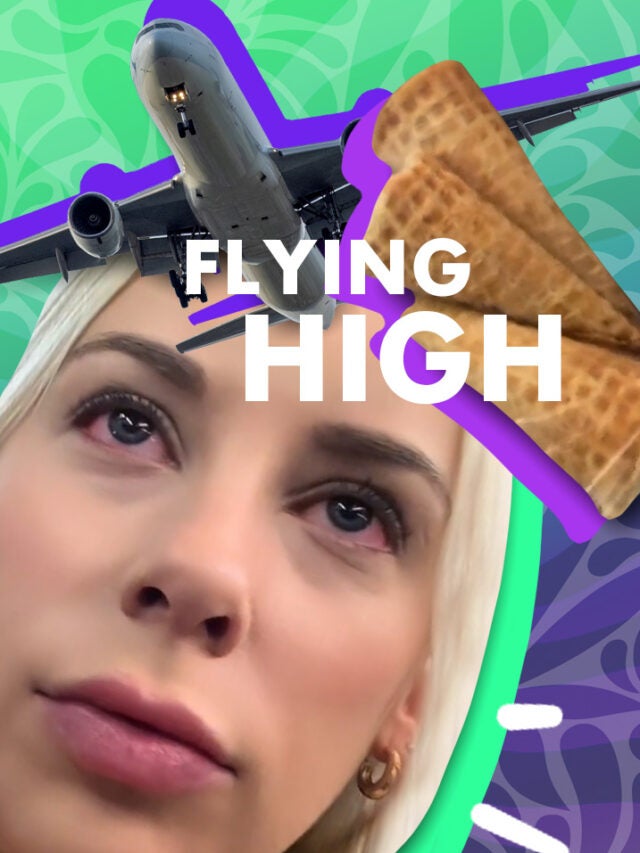 woman with plane and snacks over purple and green