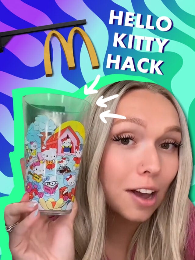 woman holding cup with McDonald's sign over purple and green