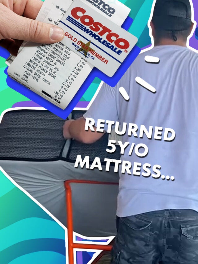 man with mattress and Costco card over blue and green