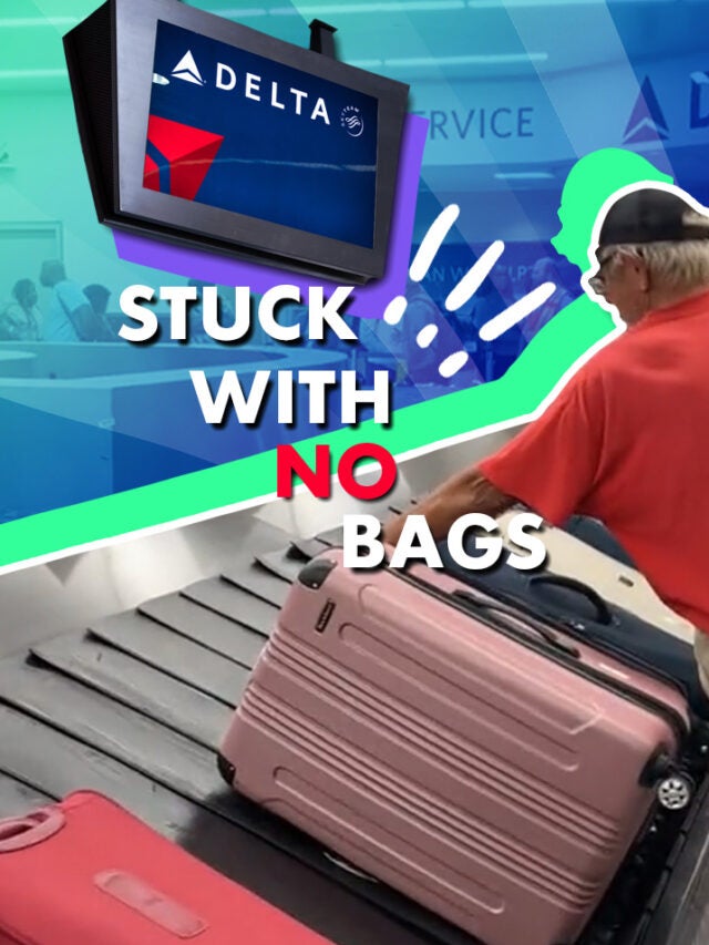 man with luggage and Delta sign over blue and green