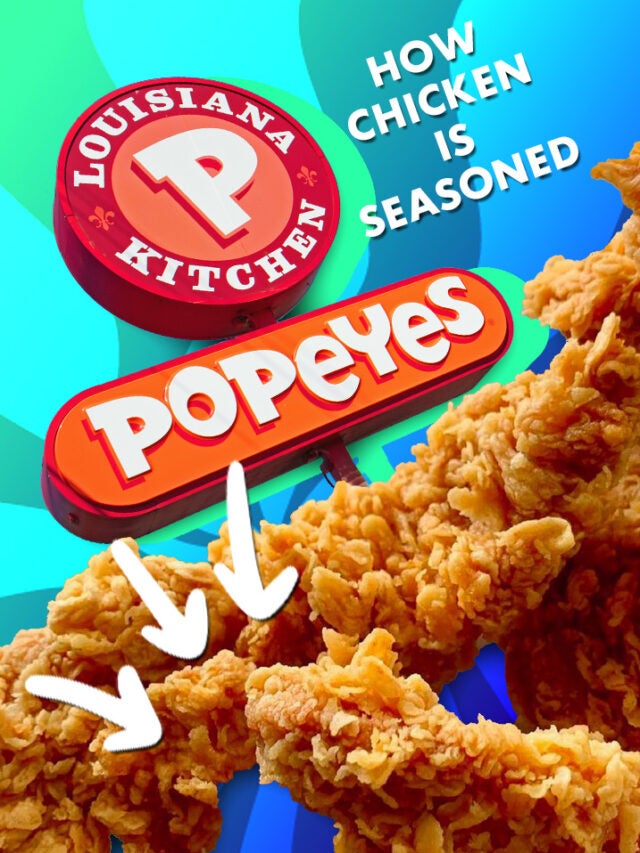 chicken and Popeyes sign over blue and green