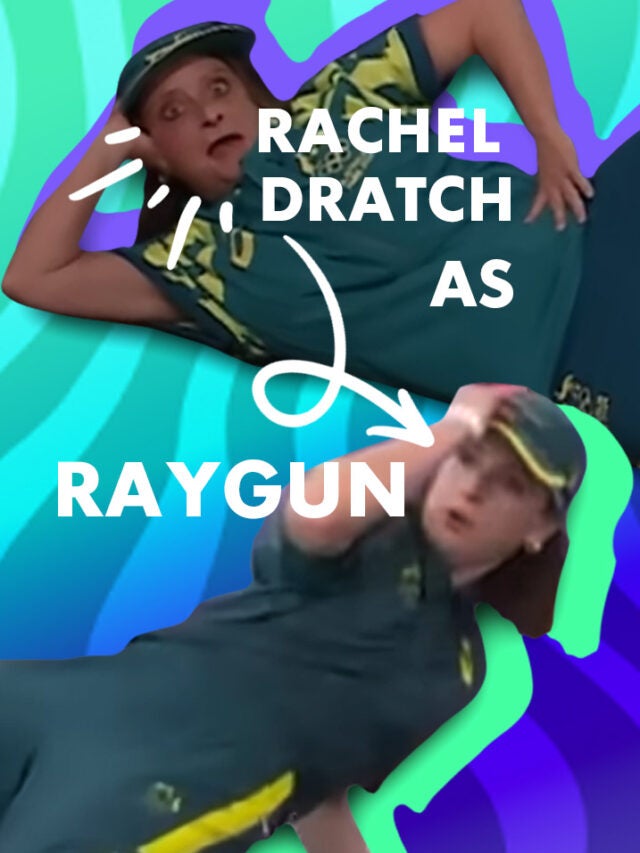 Rachel Dratch and Raygun over blue and green