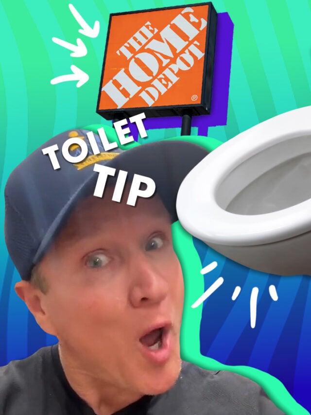 man with toilet and Home Depot sign over blue and green