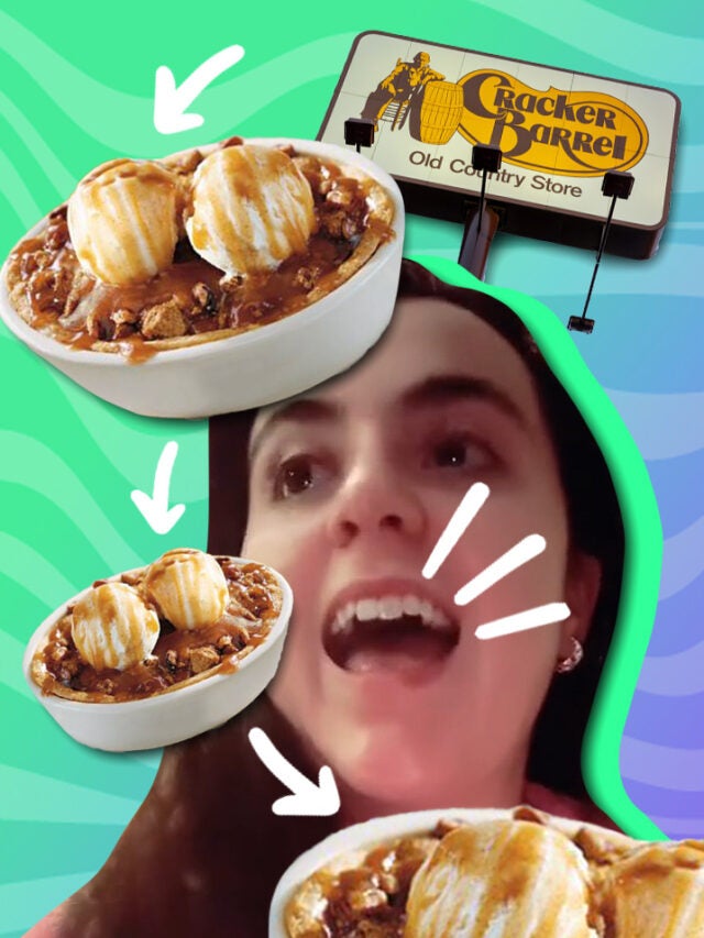 woman with apple dessert and Cracker Barrel sign over purple and green