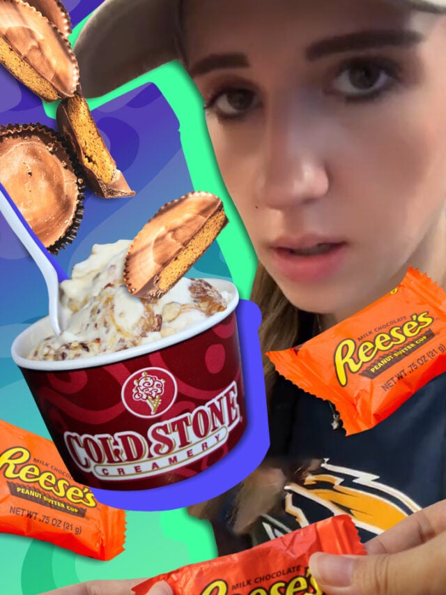 woman with reeses and ice cream over green and blue