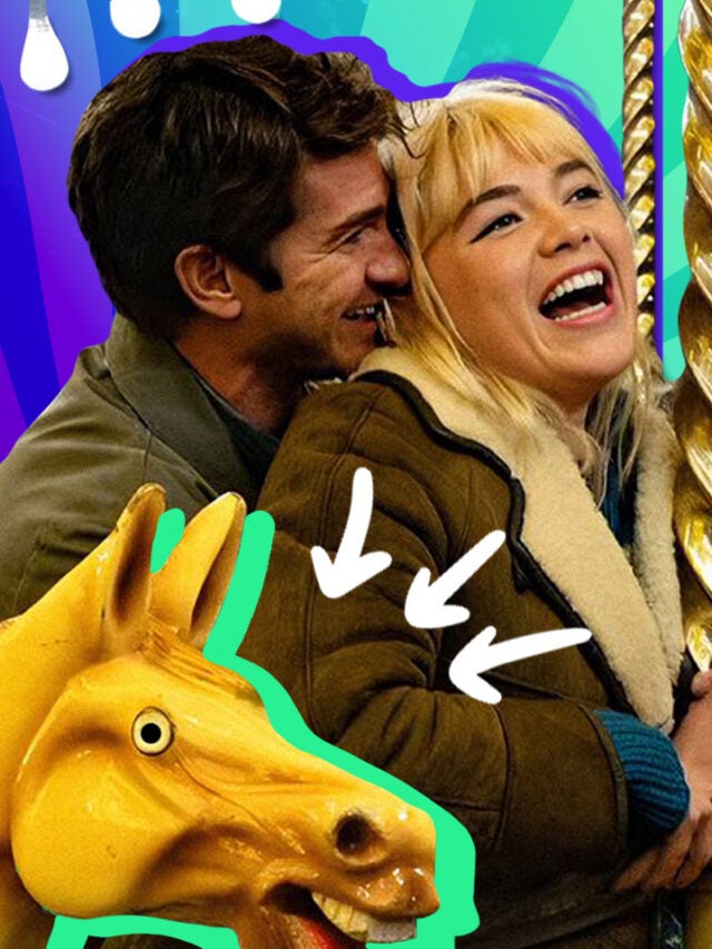 Andrew Garfield and Florence Pugh over blue and green