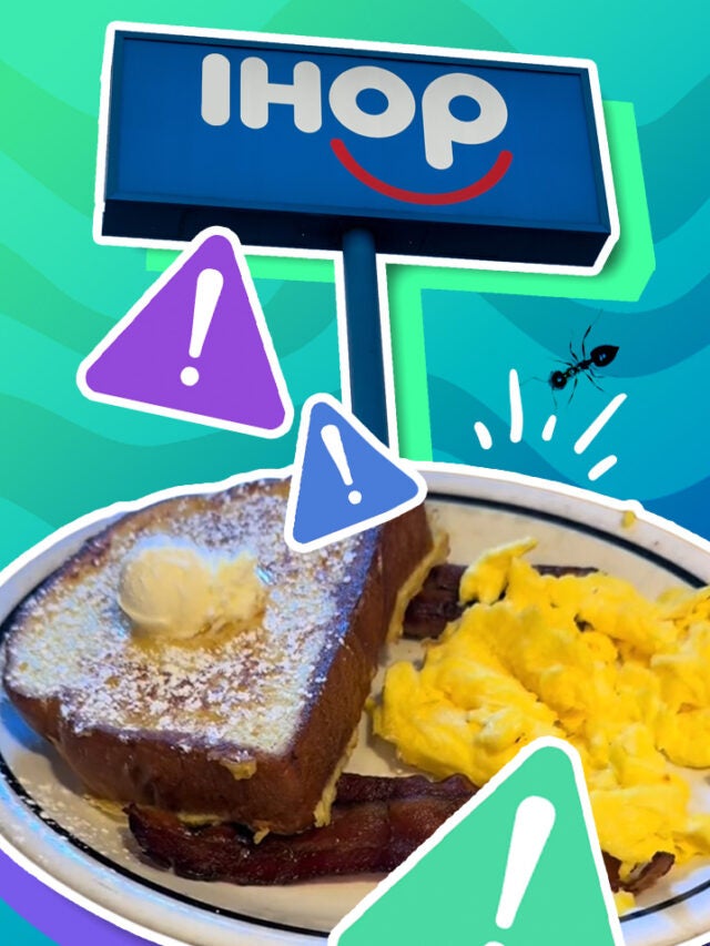 IHOP sign with food over blue and green
