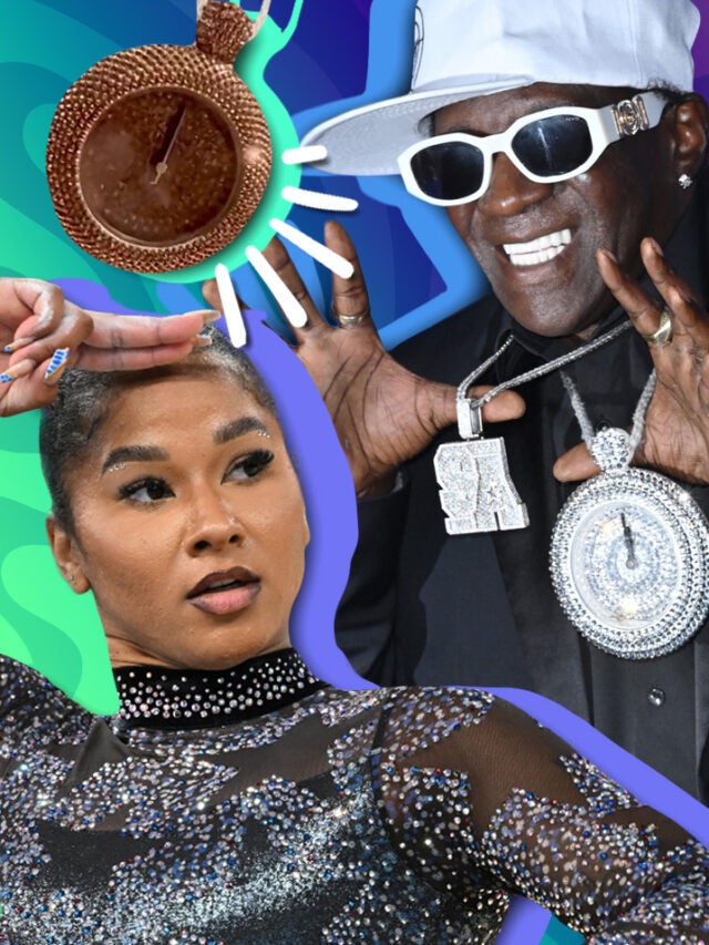 Flavor Flav and Jordan Chiles over blue and green