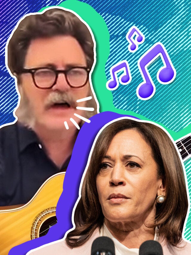 Nick Offerman and Kamala Harris over blur and green