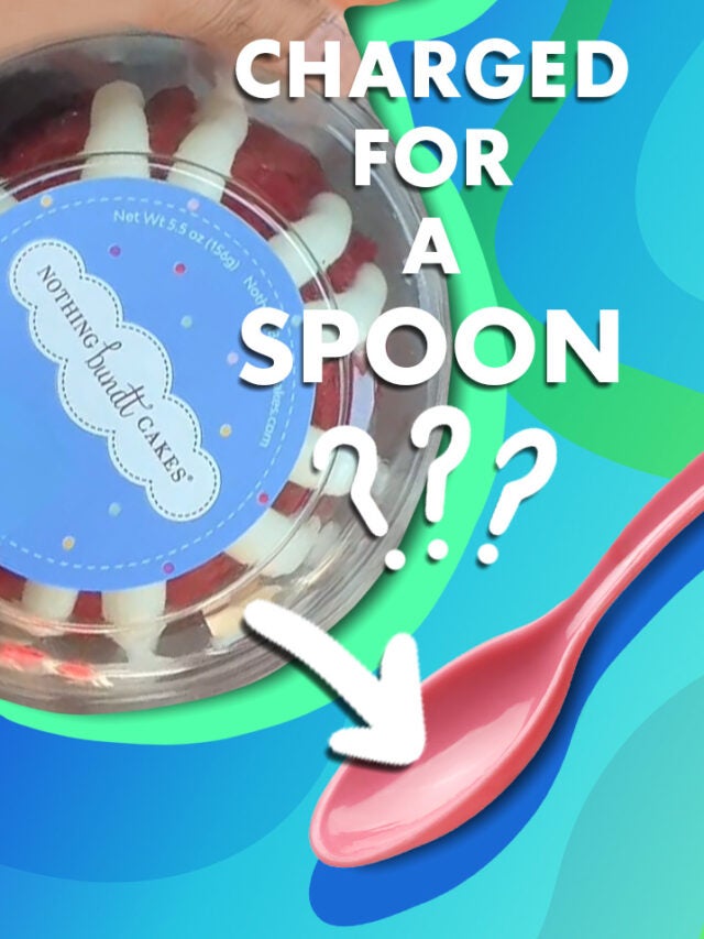 cake with spoon over blue and green