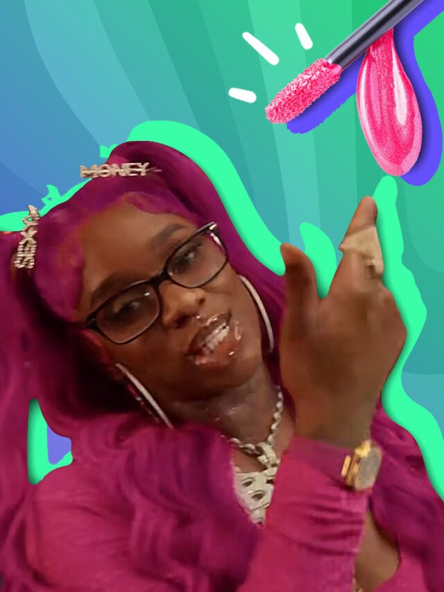 Sexxy Red with lip gloss over green and purple background