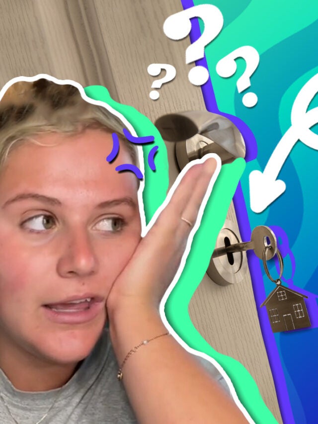 woman with door over green and blue