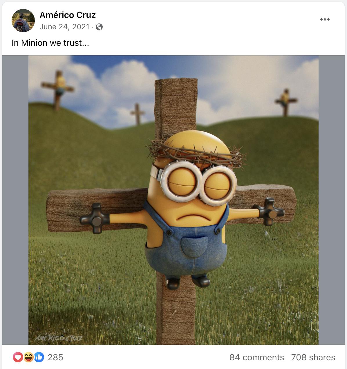 A 3D rendered Minion with its eyes closed hung from a cross by its hands, a crown of thorns on its head. More crosses with Minions on them are visible but blurry in the background.