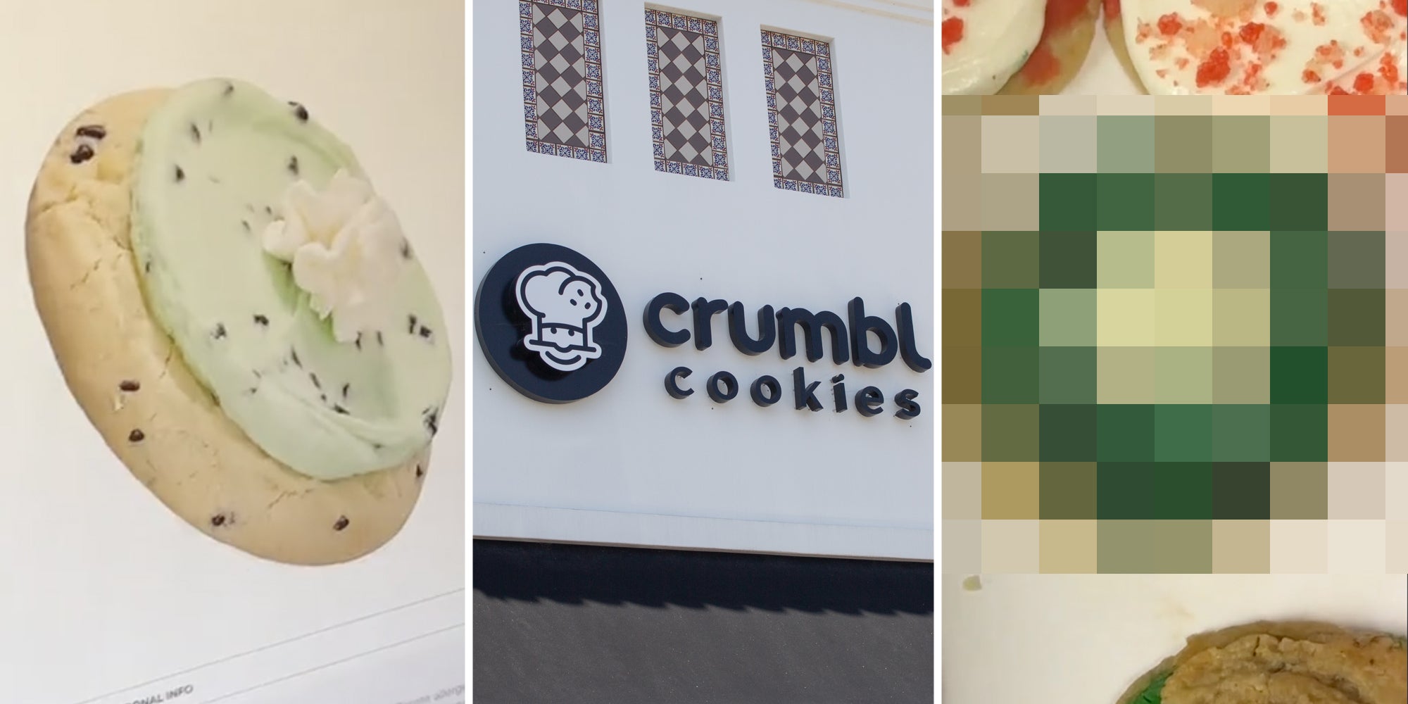 Cookie on website(l), Crumbl Cookies storefront(c), Pixelated cookie(r)